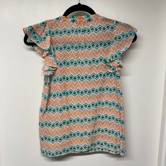 Paloma Blue Sophia Blouse Top Geometric Flutter Sleeve Tie V Neck Size Small - Picture 2 of 9